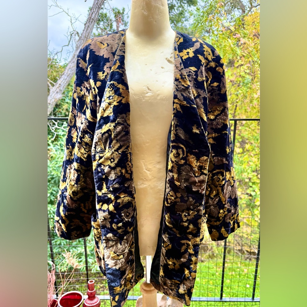Vintage Black and Greenish Gold Floral Print Velvet Blazer